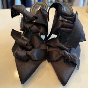 PROENZA SCHOULER Black Frayed Satin Knot Ribbon Spike Heel Mules Size 37.5